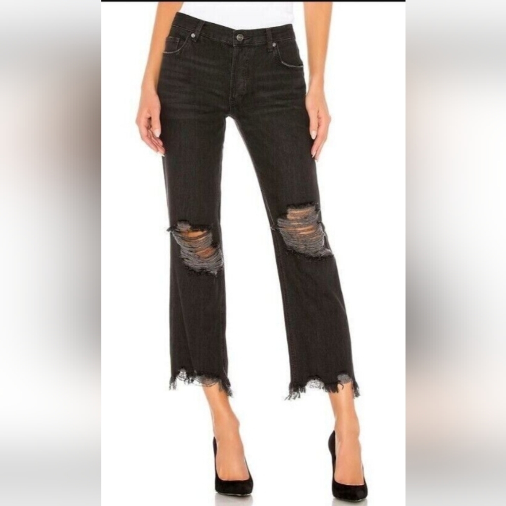 NEW Free People Maggie Mid Rise Black Distressed Straight Leg Crop Jeans Size 28